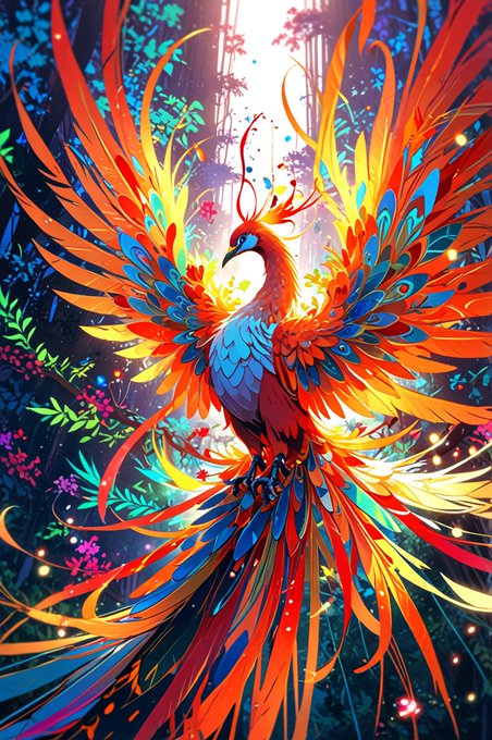 A vibrant digital illustration of a phoenix with fiery red, orange, and blue plumage spreading its wings amid a glowing forest setting.