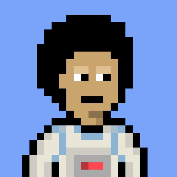 A simple pixel art portrait of a person with dark hair wearing a white and blue outfit against a blue background.