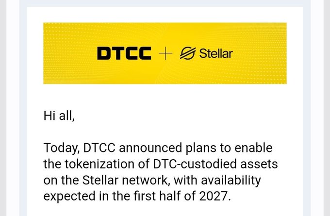 The image features a white envelope addressed to an individual named "All" with a yellow background. The envelope contains information about a partnership between two companies, DTCCC and Stellar. The text on the envelope announces plans for tokenization of assets on the Stellar network, which is expected in the first half of 2027. This announcement signifies a significant milestone in the development of the Stellar ecosystem, as it opens up new possibilities for asset management and financial transactions within the network.