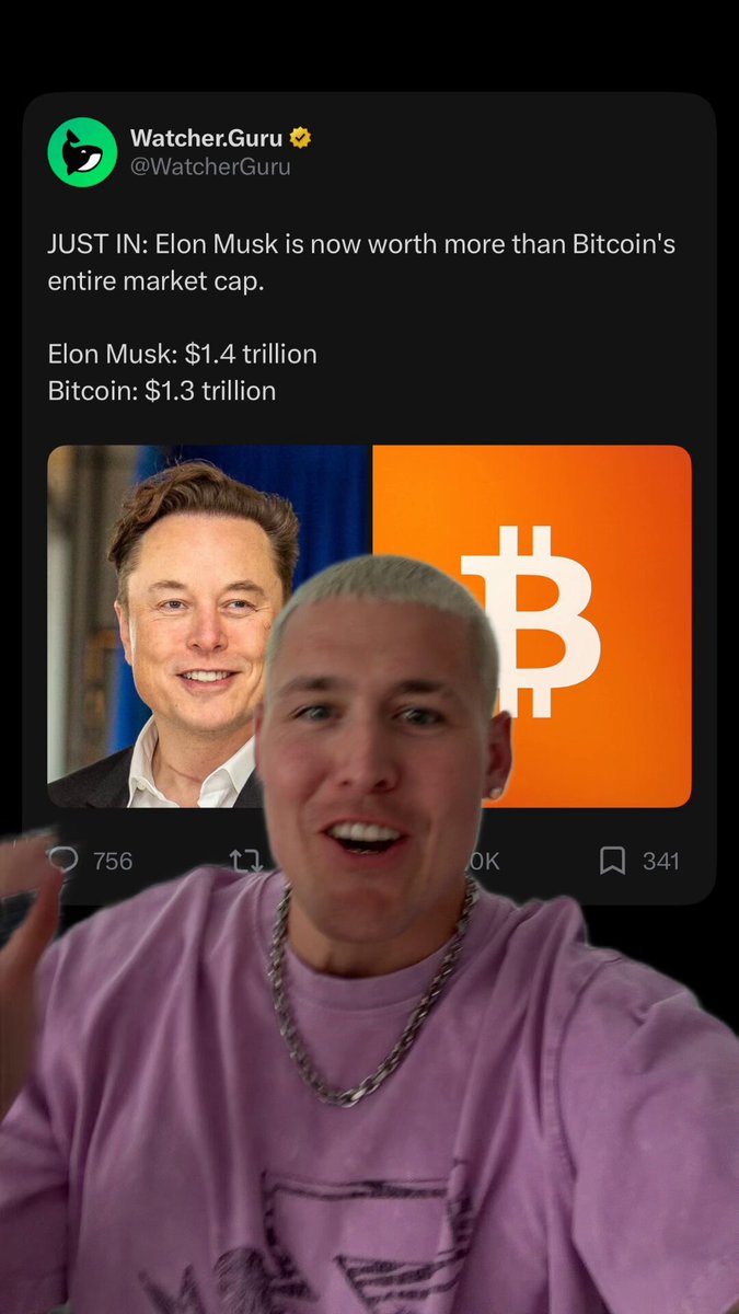 The image features a man wearing a purple shirt, with his face partially visible behind him as he looks directly at the camera. The background of the photo shows an advertisement for Bitcoin, which includes a picture of a man's head and the words "Just. I.R.M.K." and "Elon Musk" on it. The post congratulates the man in the image, stating that he is now worth more than Bitcoin and will be worth even more soon.