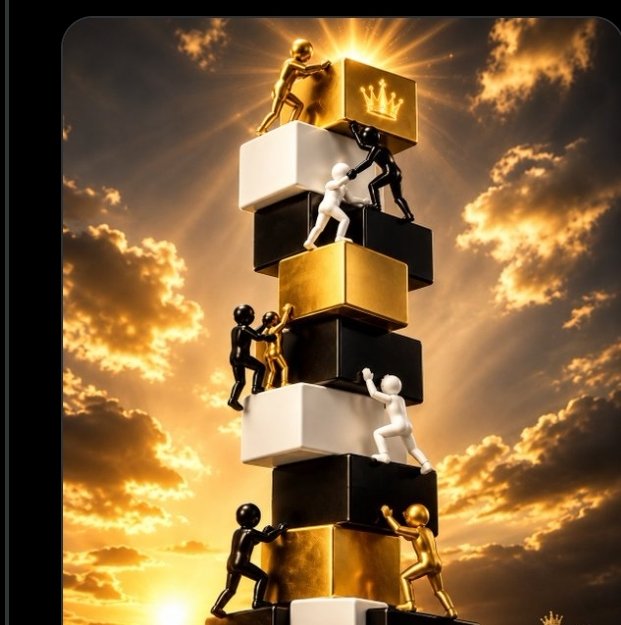 A 3D illustration of small gold, white, and black figures climbing a tall, precarious stack of black, white, and gold cubes, with a golden crown sitting on the top cube against a dramatic sunset sky.