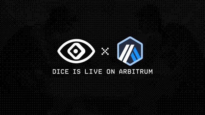 A promotional graphic with a black textured background showing two logos separated by an 'x', with the text 'DICE IS LIVE ON ARBITRUM' displayed below.