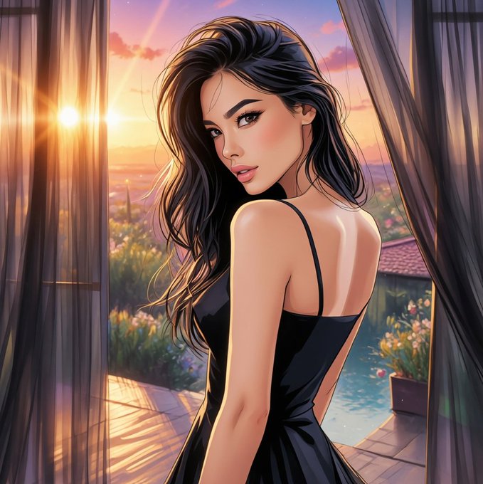 An anime-style digital illustration depicts a young woman with long dark hair wearing a black dress, standing on a balcony and looking over her shoulder at a sunset.