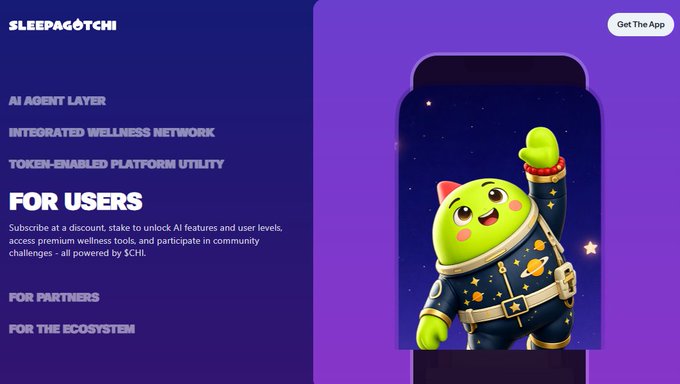 A promotional graphic for 'SLEEPAGOTCHI' featuring a green character in a spacesuit, highlighting features like 'AI AGENT LAYER', 'INTEGRATED WELLNESS NETWORK', and 'TOKEN-ENABLED PLATFORM UTILITY'.