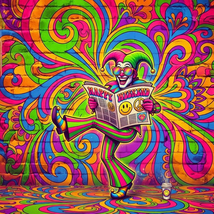 A colorful psychedelic mural of a grinning jester with a multicolored wig reading a newspaper with 'HAPPY WEEKEND' displayed, set against swirling rainbow patterns.