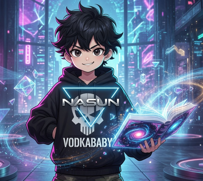 An anime-style digital illustration of a smiling boy with black hair wearing a black hoodie featuring 'NASUN' and 'VODKABABY' text with a skull logo, holding an open glowing magical book in a futuristic cyberpunk city.