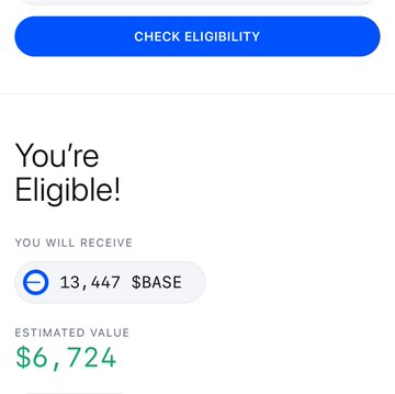 A mobile screen displays an eligibility check result showing "You're Eligible!" to receive 13,447 $BASE tokens, estimated at $6,724, corroborating the post's claim about being eligible for 13k $BASE worth $6,724 ahead of Base's 3rd birthday celebration.