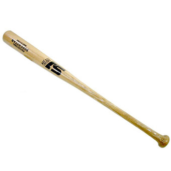 The image features a wooden baseball bat with a black logo on its side, standing upright against a white background. The bat appears to be made of wood and has a long handle extending from one end to the other. There are no texts or additional objects in the image, making it a simple representation of a baseball bat.