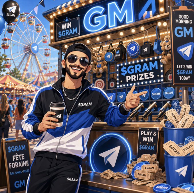 The image features a man wearing sunglasses, holding a cup of coffee while standing next to a booth at an amusement park or fairground. The booth has a sign that says "Gm $GRAM Fam" which indicates that there might be some sort of contest or prize related to the Gm brand. There are also teddy bears displayed on the booth, adding to the festive atmosphere.