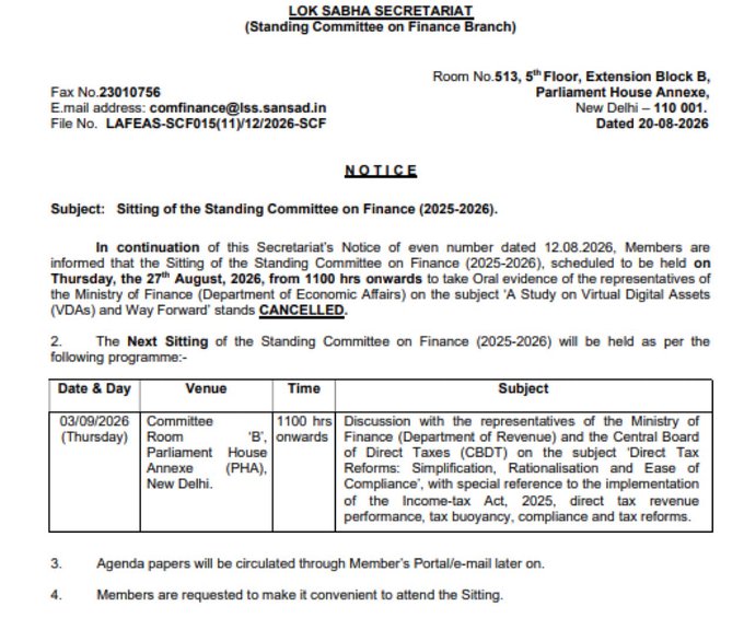 The image is an official notice from the Lok Sabha Secretariat dated 20-08-2026 (File No. LAFEAS-SCF015(1)/12/2026-SCF), addressed from Room No.513, 5th Floor, Extension Block B, Parliament House Annexe, New Delhi. It cancels a Standing Committee on Finance meeting previously scheduled for Thursday, 27th August 2026 at 1100 hrs to take oral evidence from the Ministry of Finance (Department of Economic Affairs) on "Virtual Digital Assets (VDAs) and Way Forward," and announces the next sitting on 03/09/2026 to discuss Direct Tax Reforms with the CBDT instead.