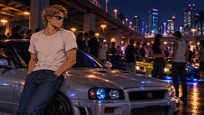 An anime-style illustration of a young man with sunglasses leaning against a silver Nissan Skyline GT-R at night, with a car meet happening in the background.