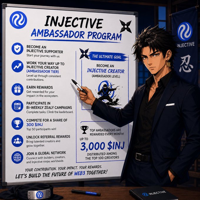 The image features an Asian man dressed in a suit standing next to a whiteboard with blue text that reads "Injective Ambassador Program". The man appears to be giving instructions or explaining something related to the program, possibly about joining or participating as part of the community.