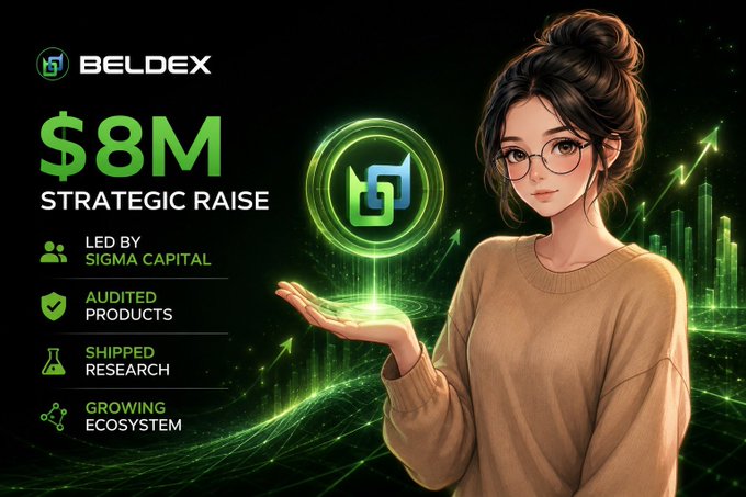 An anime-style illustration of a woman with glasses holding a glowing green hologram, next to text announcing 'BELDEX $8M STRATEGIC RAISE LED BY SIGMA CAPITAL', highlighting audited products, shipped research, and a growing ecosystem.