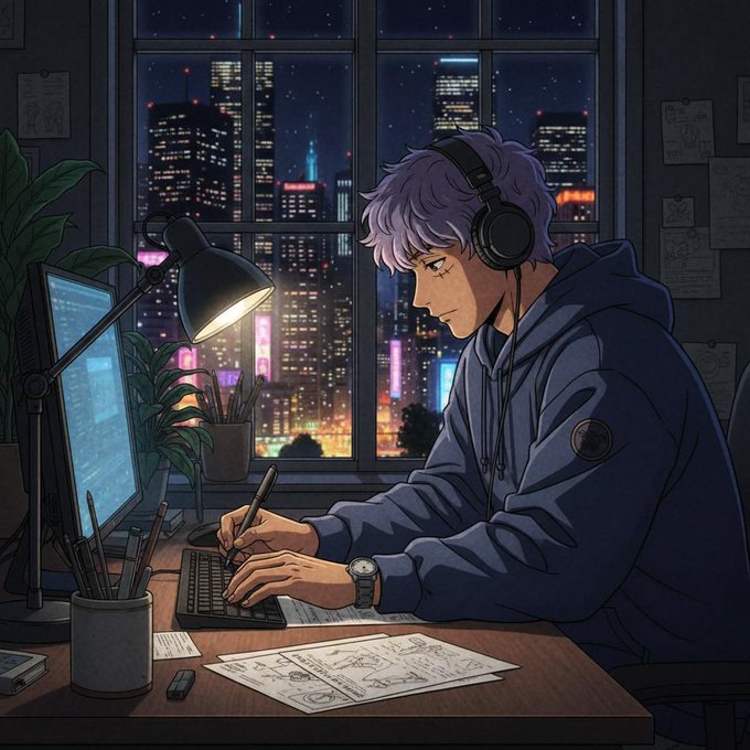 An anime-style illustration depicting a young man with purple hair wearing headphones and a hoodie, working at a desk with a computer monitor while sketching, with a nighttime cityscape visible through the window behind him.