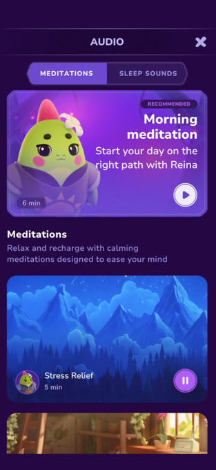The image shows an audio interface from the Sleepagotchi app featuring a "Morning meditation" card with a green axolotl-like character named Reina (marked "RECOMMENDED, 6 min") alongside a "Stress Relief" meditation (5 min) currently playing. The meditation and sleep sounds interface visually reinforces the post's theme of merging physical well-being practices—like mindfulness and stress relief—with digital/on-chain identity through a wellness-focused avatar creature.