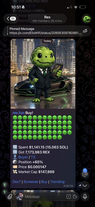 A Telegram chat screenshot from the 'Rex' group (490 members) showing a promotional post for 'rex.fun' featuring a green frog mascot in a suit holding a phone, advertising a REX token purchase.