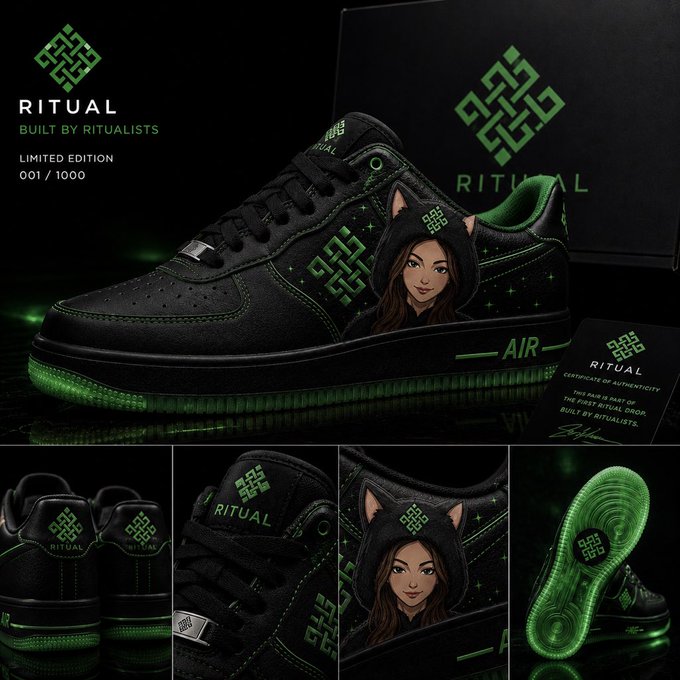 Promotional images for 'RITUAL - Built by Ritualists' limited edition black and green sneakers (001/1000) featuring an illustration of a woman with cat ears, geometric logo designs, a certificate of authenticity, and multiple angles showing the shoes' details and green translucent soles.