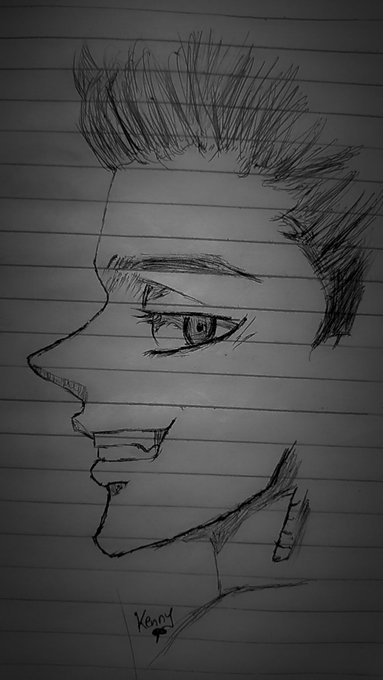 A pencil sketch on lined paper showing a side-profile portrait of a young man with spiky hair and intense eyes, signed 'Kenny'.
