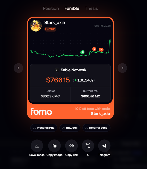 A screenshot from the 'fomo' app showing a 'Fumble' position on 'Sable Network' by user 'Stark_axie' dated Sep 15, 2026, with a value of $766.15 (up 100.54%) and a sold price of $302.3K MC.