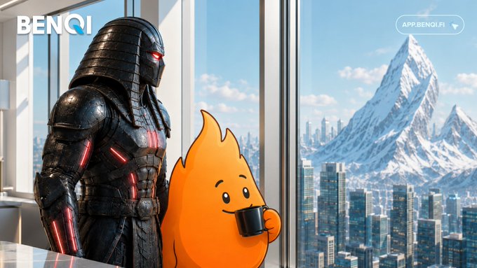 The image shows a futuristic armored figure with glowing red accents standing next to a cartoon orange flame mascot holding a coffee mug, both positioned by a window overlooking a snowy mountain and city skyline, with the "BENQI" logo and "APP.BENQI.FI" text visible. This likely represents the partnership between BENQI and Pharaoh Exchange on the Avalanche blockchain, with the armored figure possibly symbolizing the project's strength and the flame mascot representing the energetic community connection being built.