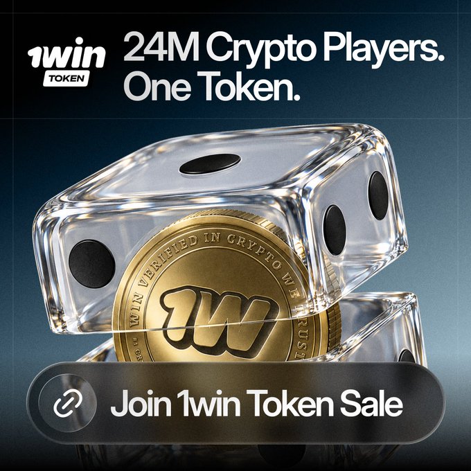 An advertisement for '1win TOKEN' promotes a crypto token sale with the tagline '24M Crypto Players. One Token,' featuring a gold coin inside transparent dice.