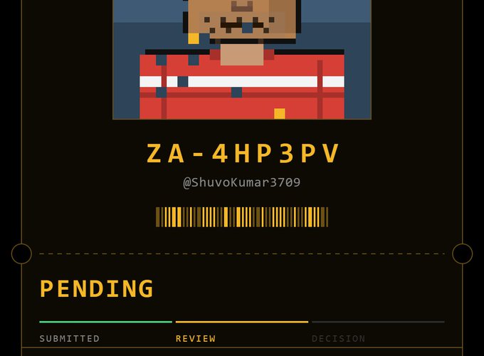 A digital receipt or submission confirmation showing a pixel art character, the code "ZA-4HP3PV", the username "@ShuvoKumar3709", and a status indicating it is pending review in the "REVIEW" stage.