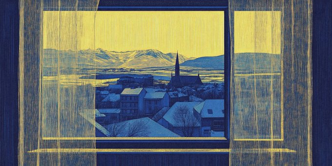 An illustration of a snowy village viewed through a window with yellow curtains, showing a church spire, houses, mountains, and a frozen lake in blue and yellow tones.