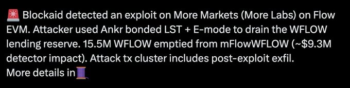 A text alert from Blockaid reporting an exploit on More Markets (More Labs) on Flow EVM, where an attacker used Ankr bonded LST + E-mode to drain ~15.5M WFLOW (~$9.3M).