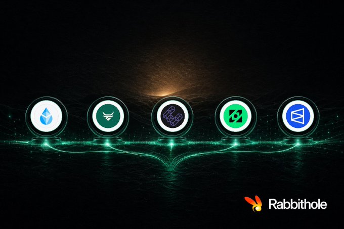 A digital graphic for 'Rabbithole' showing five cryptocurrency icons (Sui, Griffin, Hop, Katana, and another logo) connected by glowing green energy lines against a dark background.