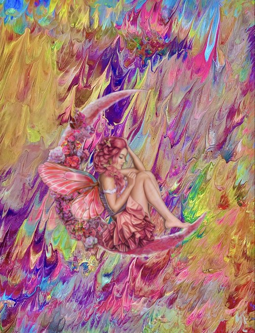 A vibrant, colorful painting of a winged fairy with red hair sitting on a crescent moon, surrounded by a swirling rainbow of thick paint strokes.