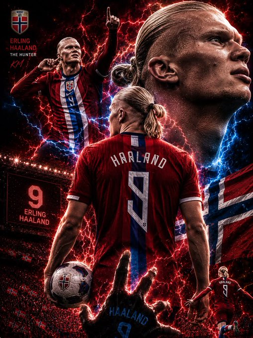 A promotional graphic featuring Norwegian soccer player Erling Haaland in his number 9 jersey, with the text 'ERLING HAALAND THE HUNTER' and dramatic red lightning effects.