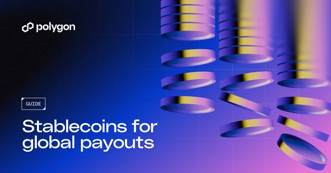 The image features a poster for stablecoins, which are digital tokens designed to be more stable than traditional fiat currency. The poster includes a graphic of stacks of coins falling from different heights against a blue background with purple lines. The text on the poster reads "Stablecoins for Global Payouts" and "Platforms paying contractors across borders deal with a different cost and a different banking relationship in every country".