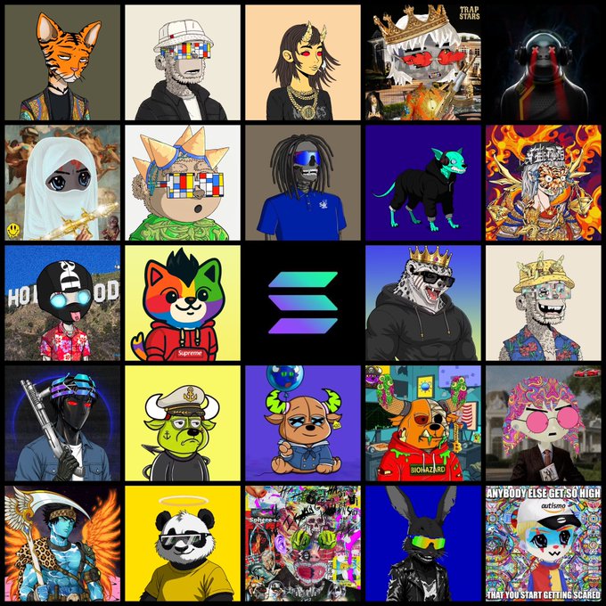 A grid of 25 NFT profile picture (PFP) characters in various styles including cartoon animals, glitchy portraits, and fantasy creatures, with visible text including 'TRAP STARS', 'HODL', 'Supreme', and 'ANYBODY ELSE GET SO HIGH' / 'THAT YOU START GETTING SCARED'.