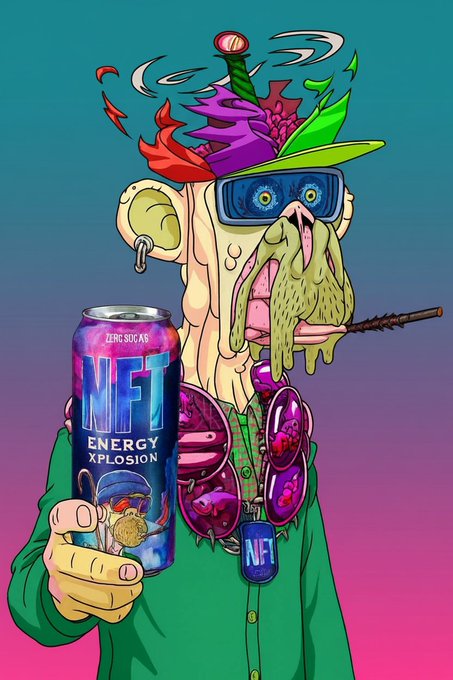 The image features an animated character wearing a green shirt, holding a can of energy drink with a purple label that says "WAFT" and "energy explosion". The character also has a hat on their head and sunglasses. The background of the image is a gradient of colors, transitioning from pink to blue. The post includes text about GM creators, builders, and believers who are earning daily by staking in NFTs related to the Wabbits game.