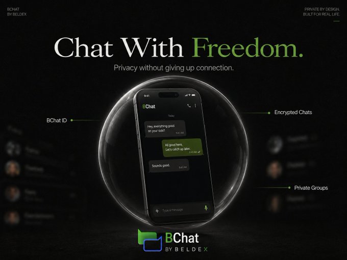 A promotional advertisement for BChat by Beldex featuring the tagline "Chat With Freedom. Privacy without giving up connection," showcasing a smartphone displaying an encrypted chat interface with features like BChat ID, Encrypted Chats, and Private Groups highlighted against a dark background. The image supports the post's theme of privacy-focused communication, illustrating how BChat allows users to maintain connection without exposing personal information like phone numbers or emails.