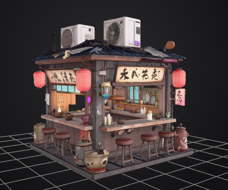 A 3D render of a small, weathered Asian-style street food stall with red lanterns, stools, and a sign featuring Chinese characters, sitting on a grid.