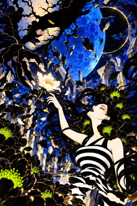 An anime-style illustration features a woman with flowing dark hair in a black and white striped dress reaching for a white flower, set against a dramatic blue moon and crystalline landscape.