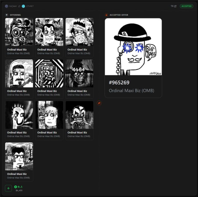 An NFT marketplace interface showing a collection of "Ordinal Maxi Biz (OMB)" black and white illustrations, with an accepted offer on item #965269 featuring a character wearing a bowler hat and saying "BIG BAGS".