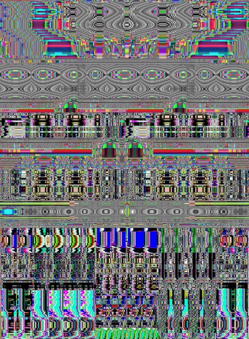 An abstract digital glitch art image with symmetrical, psychedelic patterns in vibrant colors including red, green, blue, and purple.