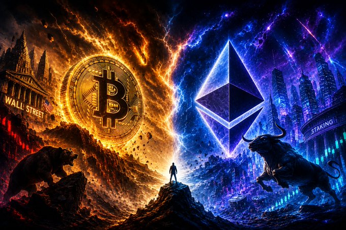 A dramatic split image contrasts a fiery Bitcoin logo on the left with the Ethereum diamond on the right, featuring "Wall Street" and "Staking" text alongside a bear and bull, symbolizing the shifting crypto treasury landscape as Strategy (formerly MicroStrategy) sells $216M in $BTC while BitMine continues accumulating.