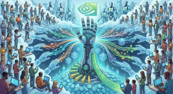 A digital illustration depicting a central robotic hand with an NVIDIA eye logo above it, surrounded by a crowd of people using various devices, connected by streams of data.