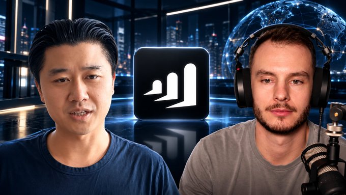 Two men wearing headphones appear to be hosting a podcast or streaming show, with a bar chart logo between them against a futuristic cityscape background with a globe.