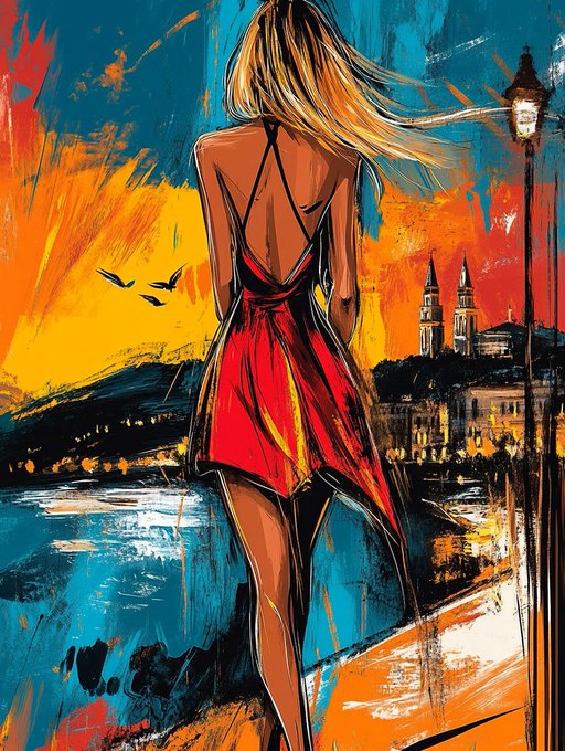 A vibrant, stylized illustration of a blonde woman in a red dress viewed from behind, looking out over a cityscape at sunset with a church spire and lamppost in the background.