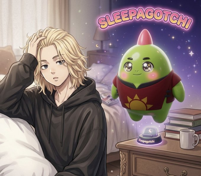 An anime-style illustration features a blonde character in a black hoodie sitting on a bed next to a green 'SLEEPAGOTCHI' virtual pet character.