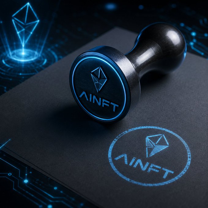 A sleek black stamp emblazoned with "AINFT" alongside its holographic logo is pressed onto dark paper, leaving a glowing blue circular imprint—visually symbolizing the seal of privacy and secure encryption highlighted in the post. The futuristic backdrop of circuit-like patterns reinforces AINFT's message of decentralized, trustworthy Web3 AI infrastructure for developers and enterprises.
