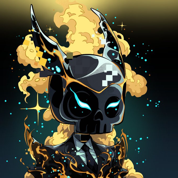 A digital illustration of a skull-like character with glowing blue eyes, horns, and pixelated elements, surrounded by golden smoke against a dark background.