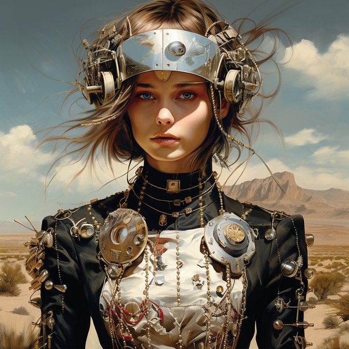 Digital artwork of a woman with a mechanical, steampunk-style headpiece adorned with chains, gears, and a mirrored visor, set against a desert landscape.