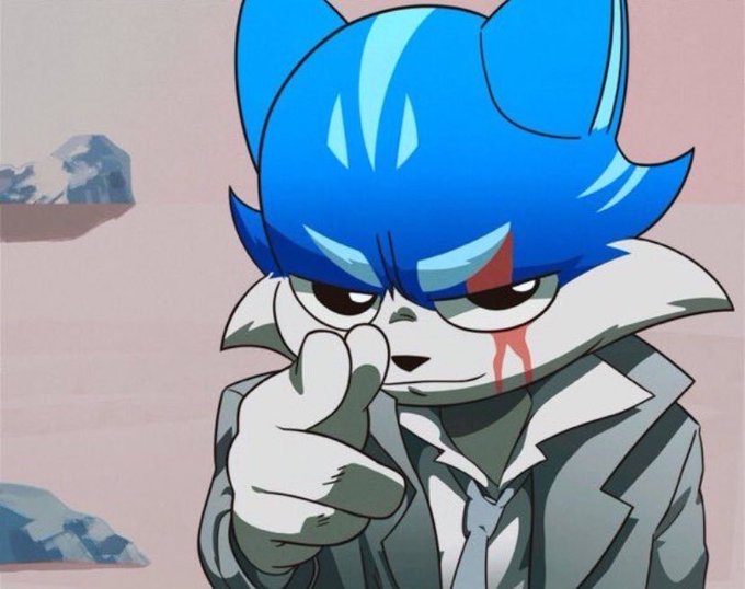 An anime-style illustration of a blue fox-like character wearing a gray suit, with a red scar over one eye, pointing forward with an intense expression.