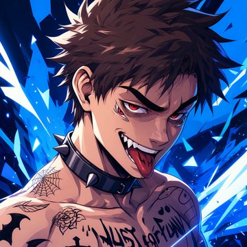 An anime-style illustration depicts a fierce-looking young man with spiky brown hair, sharp fangs, a spiked collar, and chest tattoos, set against a dynamic background of shattered blue crystals.