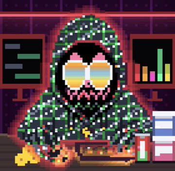 A pixel art portrait of a hooded figure wearing rainbow-tinted sunglasses, sitting at a desk with computer monitors displaying charts and graphs in the background.
